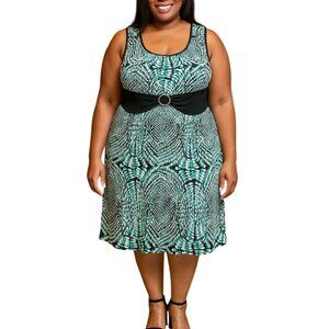 Perceptions Plus Size 1X Dress Sleeveless Geometric Print Belted Buckle Accent